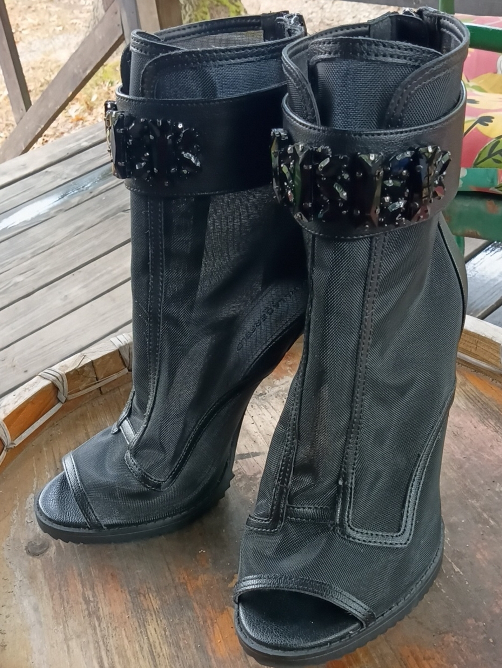 🚨B2G1 KARL LAGERFELD Black Embellished Peep-Toe Strapped Ankle Boots